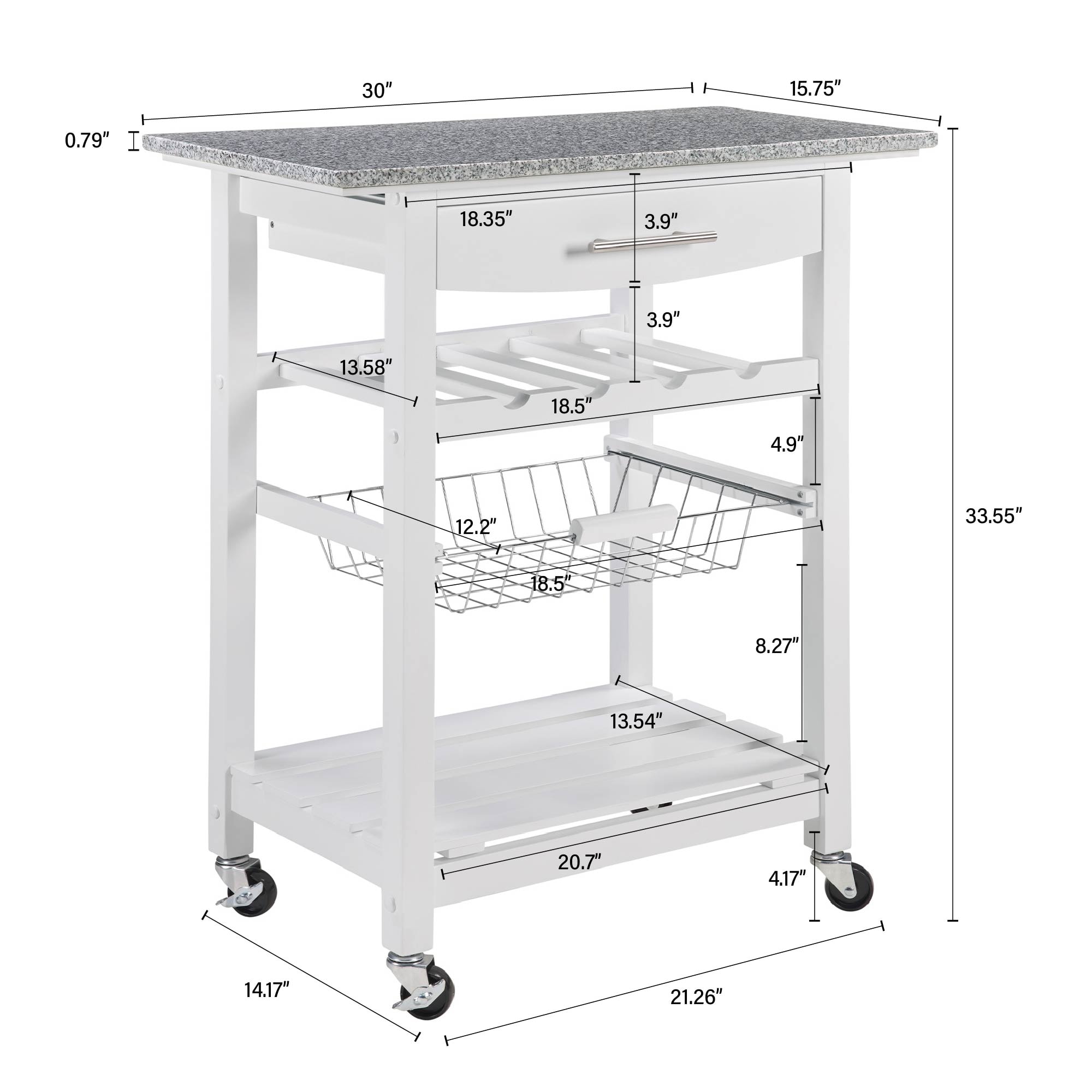 Mobile Rolling Kitchen Island Trolley Serving Cart With Underneath Drawer & Slide-Out Wire Storage Basket_voghion.com